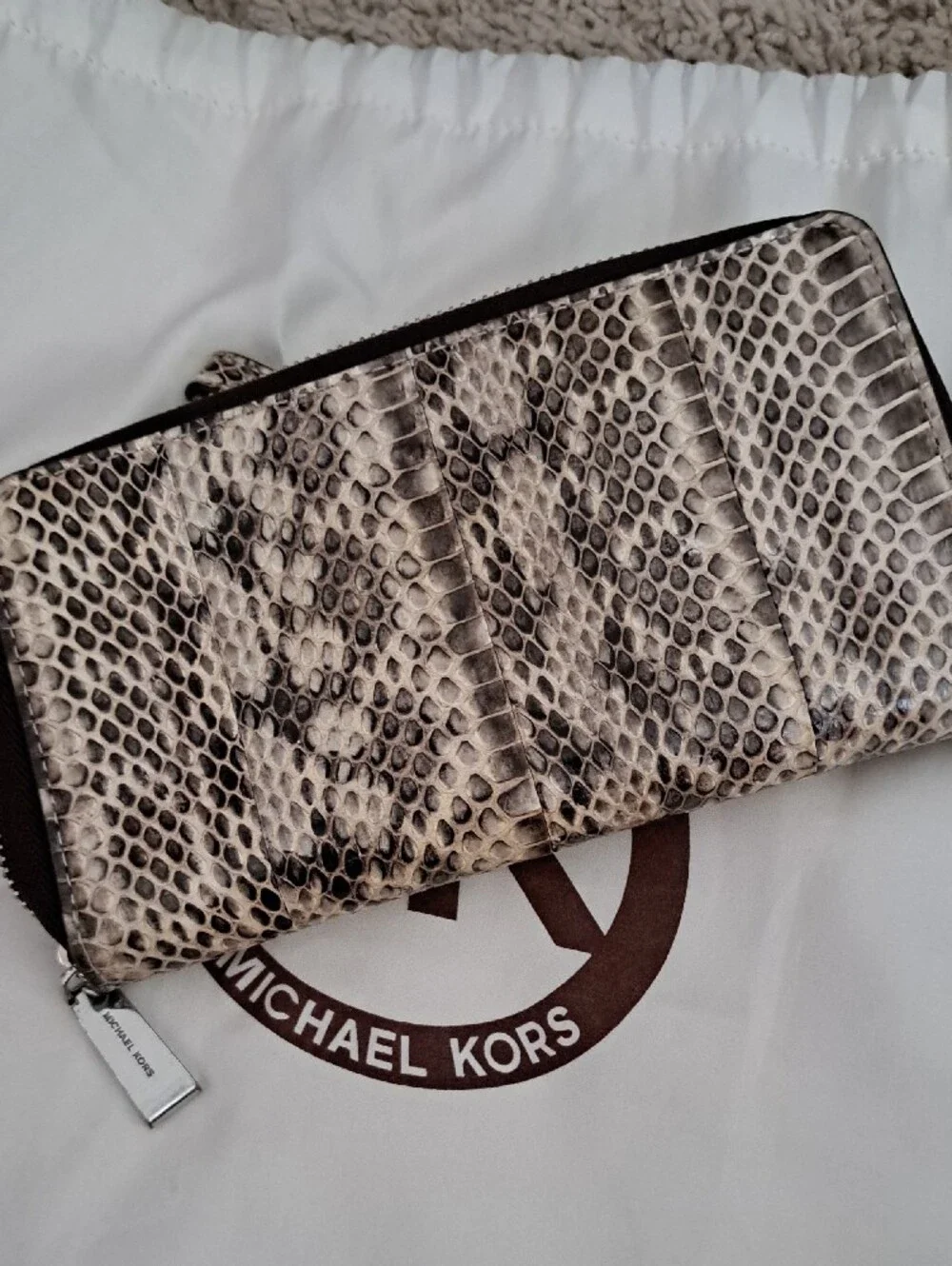 Michael Kors Snake-Print Zip Wallet/ Smartphone Wristlet in Beige and Black